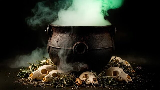 Preparing for Halloween: witch's potion in a cauldron, skulls and herbs to create a mystical mood.