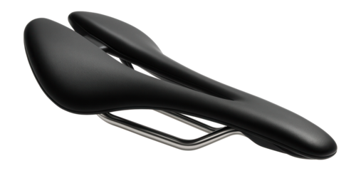 Black ergonomic bicycle saddle with a sleek design, featuring a split nose and stainless steel rails, on transparent background.