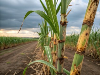 Obraz premium Sugarcane infested by top shoot borer, drying shoot tips