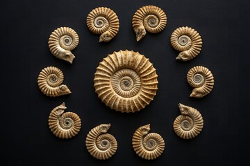 Symmetrical arrangement of fossilized sea creatures on black background