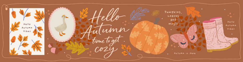 Hello autumn! Vector aesthetic illustration of pumpkin, lettering, acorn leaves, rubber boots, butterfly and goose in frame for greeting card, icons or poster © Ardea-studio