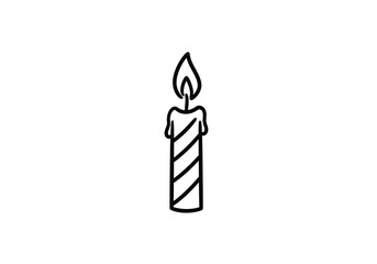 Fototapeta premium Birthday candle drawing. It is a black and white outline drawing of a lit birthday candle with a striped design, symbolizing celebration, wishes, and festive occasions. Vector sketch line art draw.
