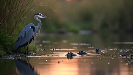 Great blue heron standing by a tranquil lake with ducklings swimming