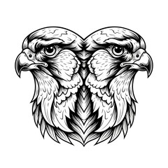 Two majestic peregrine falcon heads, mirrored, detailed line art.