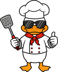 Duck Chef Cartoon Character with Spatula and Thumbs Up