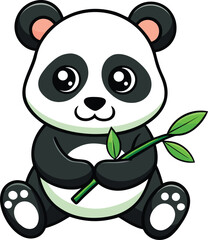 Obraz premium Cute cartoon panda bear holding a bamboo stalk with green leaves vector