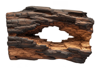 Closeup of a piece of weathered dark brown wood bark with a natural hole in the center, isolated on transparent background