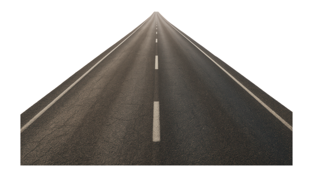 Long straight road with center and side markings extending into distance on transparent background.