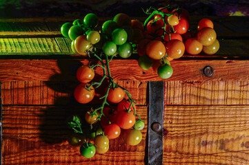 Tomates cherry maduros y verdes con luz roja lateral encima de un baúl de madera