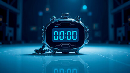 Digital stopwatch displaying zero time on reflective surface  