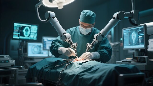 Surgeon Performing Robotic-Assisted Surgery in a High-Tech Operating Room - Powered by Adobe