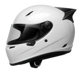 Sleek white motorcycle helmet with tinted visor and aerodynamic design on transparent background.