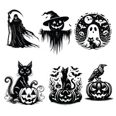 Spooky Halloween Silhouettes Grim Reaper, Scarecrow, Ghost, Black Cats, Raven, Pumpkin