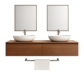 Modern double bathroom vanity with white vessel sinks, wooden base, and two rectangular mirrors on transparent background.