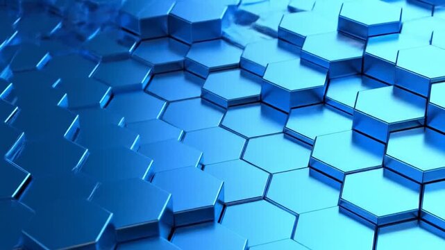 A blue, metallic, hexagonal pattern is shown in a 3D rendered image with a gradient and reflective surfaces. The image looks techy
