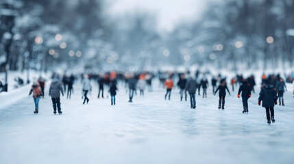 Obraz premium Frozen Fun Winter Wonderland A Crowd Ice Skating At Outdoor Rink Experience Joyful Winter Activities In Public Park With Snowy Landscape And Gentle Bokeh Lights On Cold Day