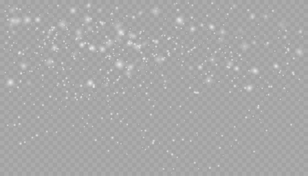 Realistic falling snow with snowflakes and clouds. Snowfall, snowflakes in different shapes and forms. Many white cold flake PNG elements