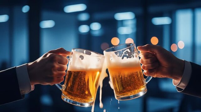Beer mugs clinking with golden lager splash, foam spilling over in evening indoor celebration, cheers in modern city bar, joyful festive atmosphere, blurred lights, business attire