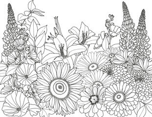 Abstract floral background. Coloring page for adults and children. Branches with leaves and flowers on a white background.