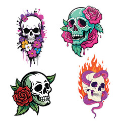 Skull Tattoo Set with Roses and Snake in Different Styles