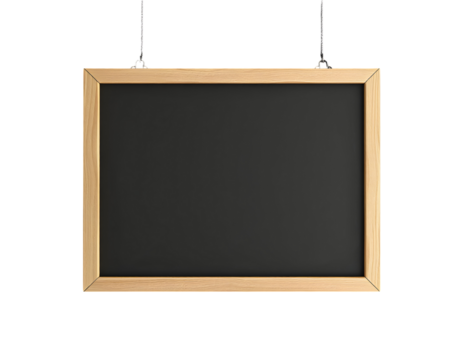Blank chalkboard with wooden frame hanging against transparent backdrop.