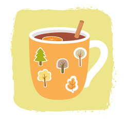 Flat cartoon illustration of an autumn-themed mug Mug with a hot beverage. Hand-drawn style with cinnamon stick and orange slice. Perfect for seasonal prints and graphic projects.