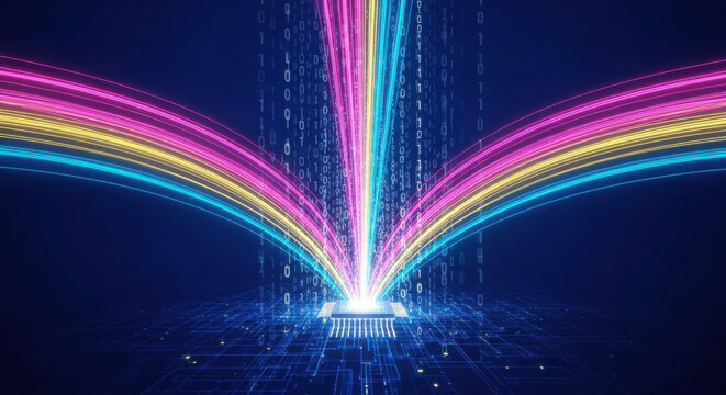 Colorful neon lines binary code digital circuit microchip glowing futuristic technology data stream abstract blue background. Futuristic digital data stream flows from glowing microchip with