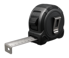 Black and silver retractable tape measure with a visible metal measuring tape extended, on transparent background.