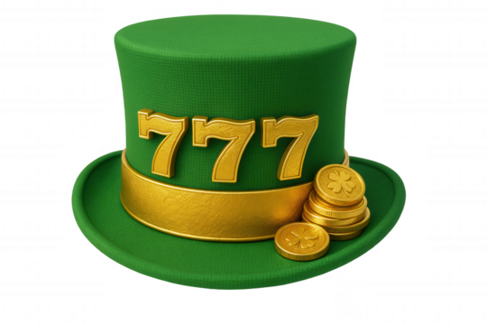Lucky Leprechaun Hat Adorned with Golden '777' Numbers and Clover Coins Symbolizing Fortune