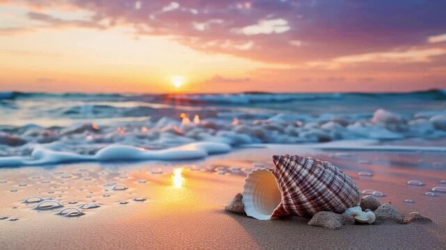 conch shells in beach shore with waves at sunset