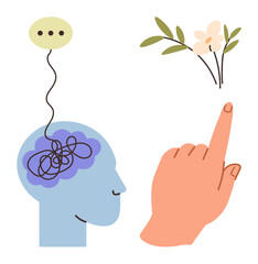Human head with tangled thoughts inside brain, speech bubble, hand reaching for calming flower. Ideal for mindfulness, mental health, focus, relaxation, therapy, growth mindset personal clarity