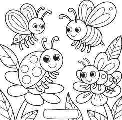 Cute Bugs Outline Illustration with Ladybug, Butterfly, and Flowers on Transparent BG