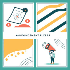 Fototapeta premium Four announcement flyers with different designs including flowers, lines, circles, and a person with a megaphone