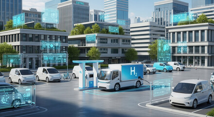 Hydrogen vehicle hydrogen station city digital interface clean energy futuristic eco friendly transportation technology urban Hydrogen vehicle hydrogen station modern city with digital interface