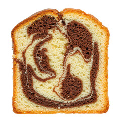 A close-up view of a sliced marble cake showcasing its distinct chocolate and vanilla swirls