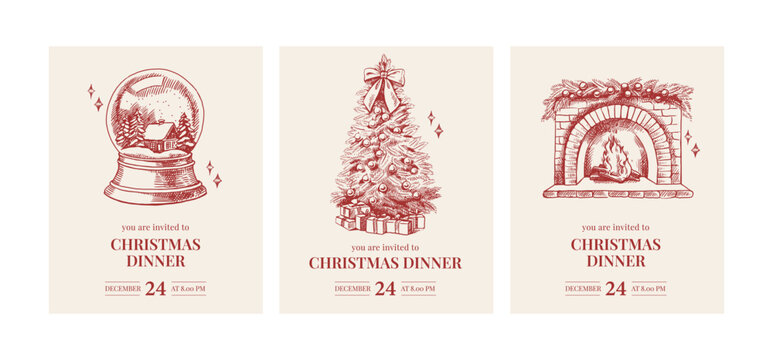 Christmas dinner invitation cards with hand drawn holiday christmas tree, fireplace, snowball. Festive mood, elegant vintage style. Vector sketch illustration.