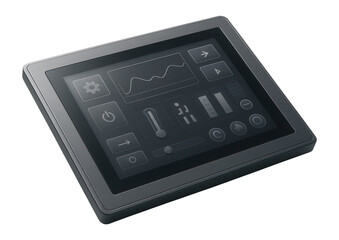 Modern touchscreen control panel displaying various interface icons and a graphical wave, suitable for technology, automation, and industrial themes.