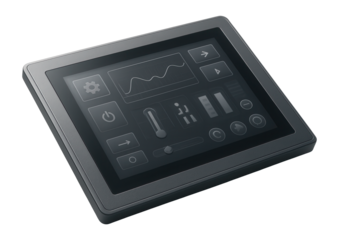 Modern touchscreen control panel displaying various interface icons and a graphical wave, suitable for technology, automation, and industrial themes.