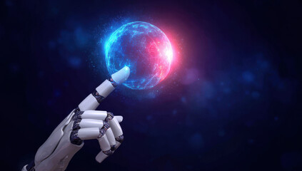 A robotic hand is touching the glowing digital sphere, an AI and big data concept on a dark blue background with a bokeh effect. The robotic arm in white color is holding an abstract, futuristic icon 