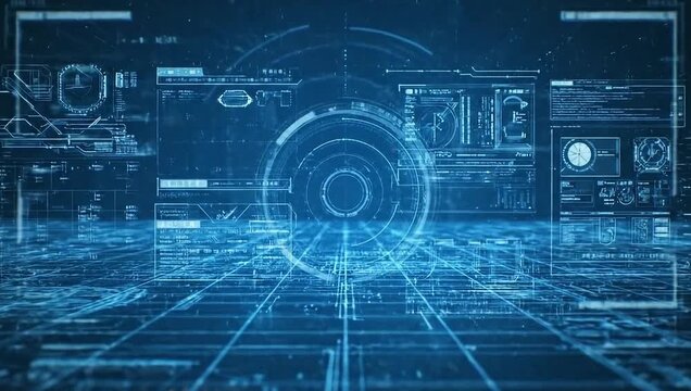Futuristic digital cyberspace concept with a glowing blue grid and advanced user interface for data processing and analysis - Powered by Adobe