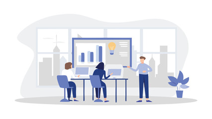 Illustration of a business meeting with a presenter and two attendees in front of a graph and lightbulb