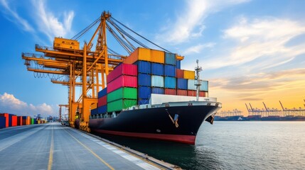 Fototapeta premium Cargo Ship Docked at Port with Colorful Shipping Containers at Sunset