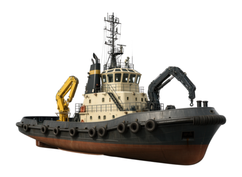 Industrial tugboat with cranes and equipment for maritime operations on transparent background. - Powered by Adobe
