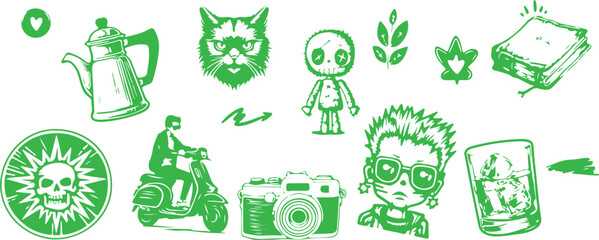 Cute Green Character Vector Pack – Cat, Robot, Music, Cartoon Art, Playful Style, Transparent Background


