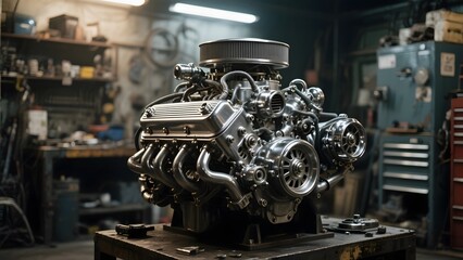 Fototapeta premium High-performance engine displayed in a workshop setting