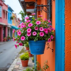 Naklejka premium Vibrant Pink Petunias in Hanging Blue Pot on Colorful Street