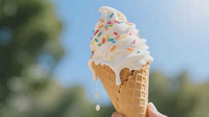 A soft-serve ice cream with colorful sprinkles melting slightly in a waffle cone under bright sunlight.