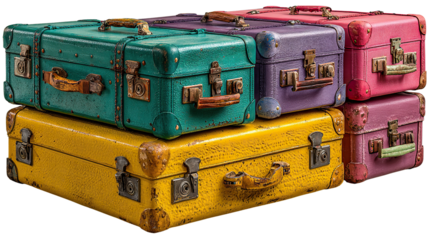 Vintage Suitcases: A stack of vibrant vintage suitcases in a spectrum of colors evokes wanderlust and the allure of travel. Each case whispers tales of journeys past.