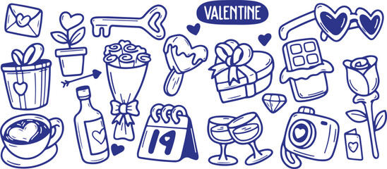 Valentine's Day Doodle Set – Valentine, Love, Heart, Gift, Champagne, Romance, Balloon, Cupid, Couple, Dating, Doodle Style, Hand Drawn, Black and White, Romantic, Kiss, February 14, Roses, Celebratio