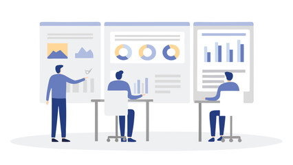 Illustration of three people analyzing data charts and graphs in a business presentation setting